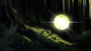 An illustration of a glowing breen orb (a photon) falling toward the leafy forest floor to start photosynthesis