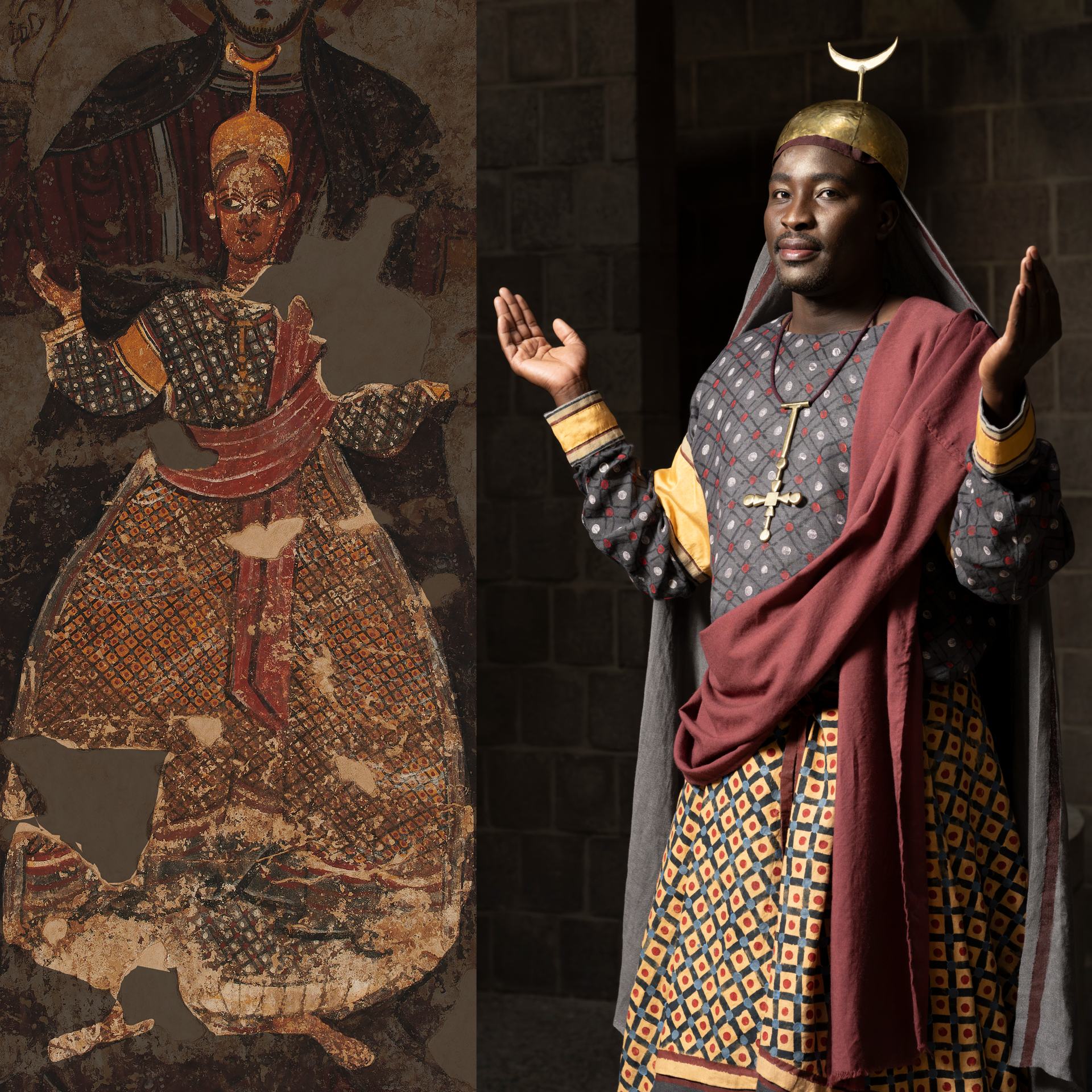 A model wears colorful patterned clothing with an ancient painting cutout next to the model for comparison