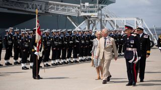 Prince Charles, Prince of Wales and Camilla, Duchess of Cornwall visit HMS Queen Elizabeth, on July 20, 2022 in Portsmouth, England