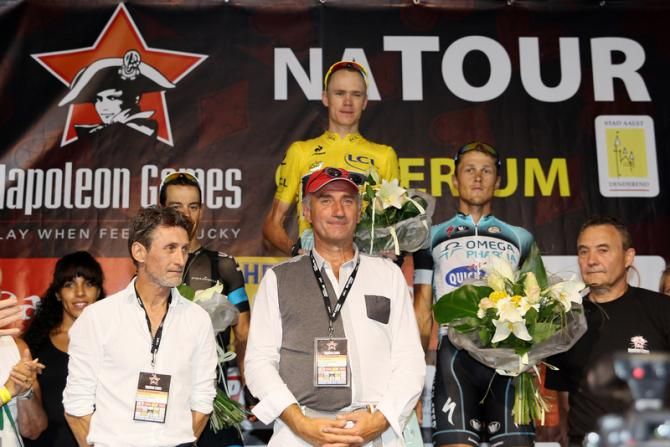 The Aalst Criterium podium: Richie Porte, Chris Froome and Matteo Trentin