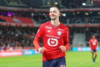 Edon Zhegrova of Lille OSC celebrates after scoring his team's 4th goal during the Ligue 1 Uber Eats match between Lille OSC and Clermont Foot at Stade Pierre Mauroy on March 6, 2022 in Lille, France