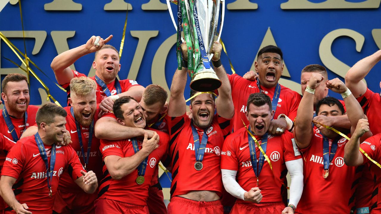 Saracens players celebrate their European rugby Champions Cup victory over Leinster in May 