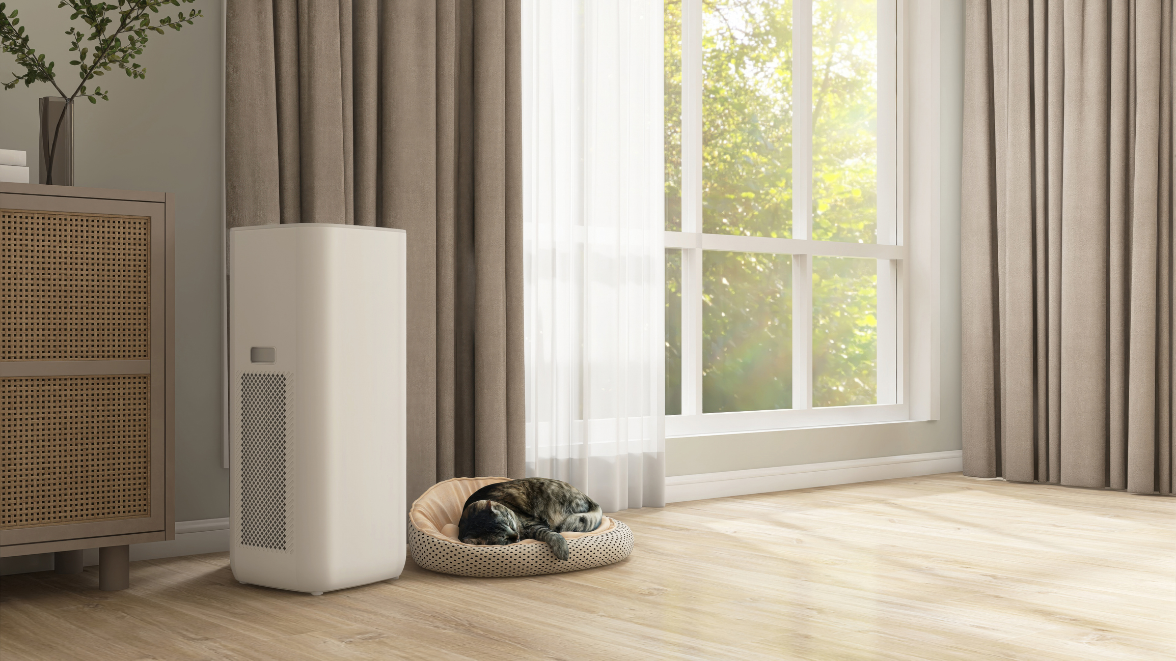 A cat sleeping next to an air purifier