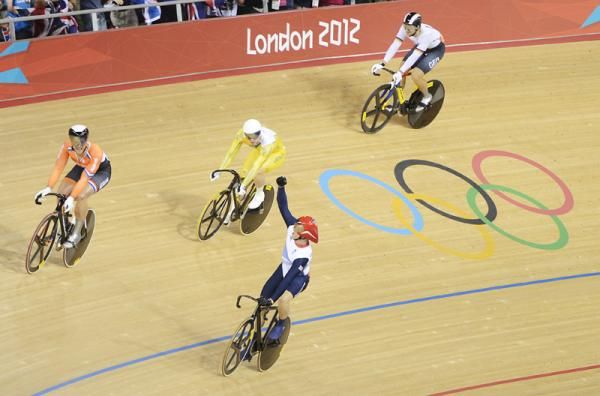 Chris Hoy (Great Britain) celebrates keirin victory