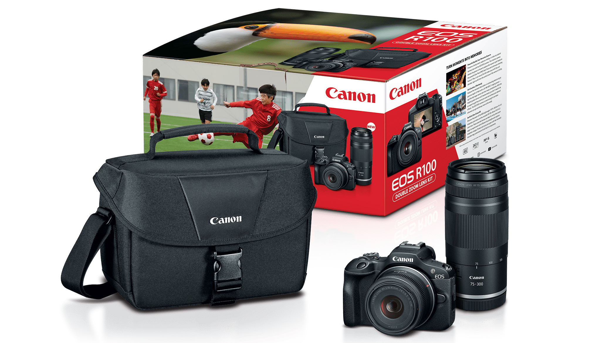 A Canon EOS R100 camera with a double zoom lens kit, accompanied by a black camera bag and colorful packaging featuring photography visuals