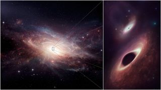 An artist's depiction of the late stages of a galaxy merger, with two central black holes particularly close together.