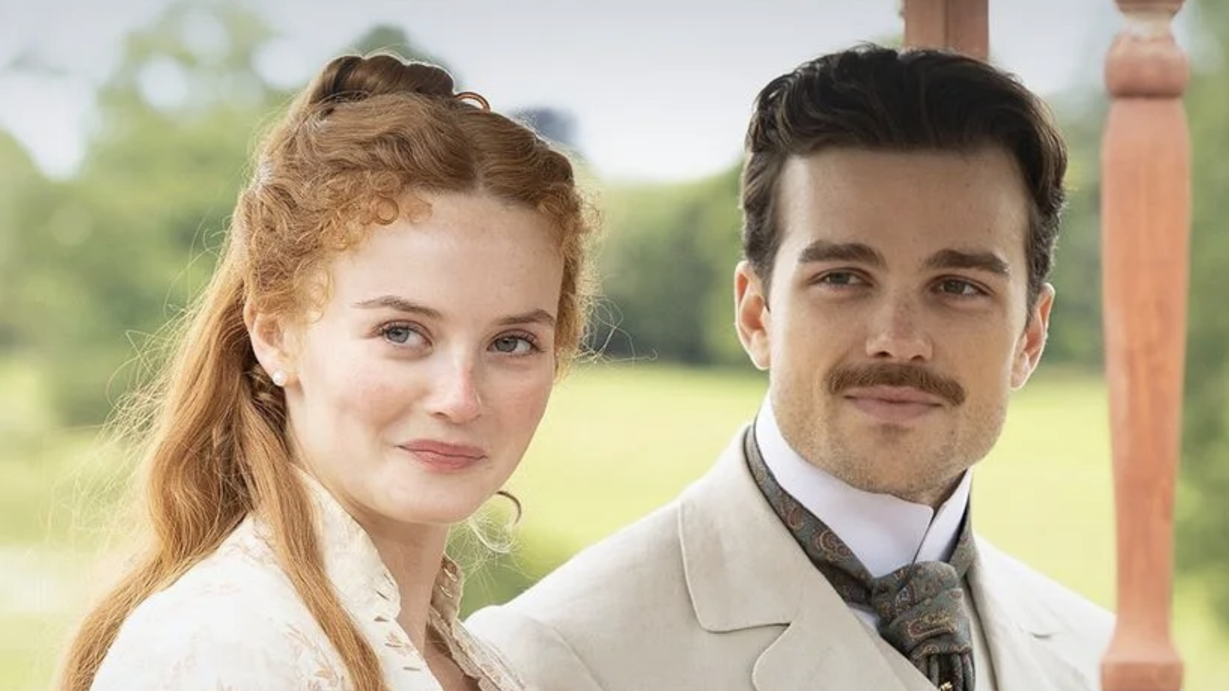 Tuppence Middleton with red hair and cream period dress in The Forsytes, a prestige British TV period drama
