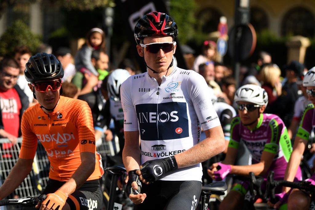 VALENCIA SPAIN FEBRUARY 09 Start Tao Geoghegan Hart of The United Kingdom and Team INEOS White Best Young Jersey during the 71st Volta a la Comunitat Valenciana 2020 Stage 5 a 977km stage from Paterna Valencia VueltaCV VCV2020 on February 09 2020 in Valencia Spain Photo by David RamosGetty Images
