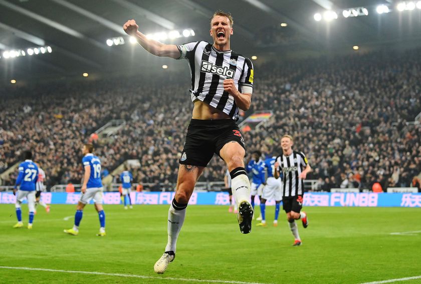 Dan Burn of Newcastle United celebrates after scoring a goal which was later ruled out for offside during the Premier League match between Newcastle United and Everton FC at St. James Park on April 02, 2024 in Newcastle upon Tyne, England