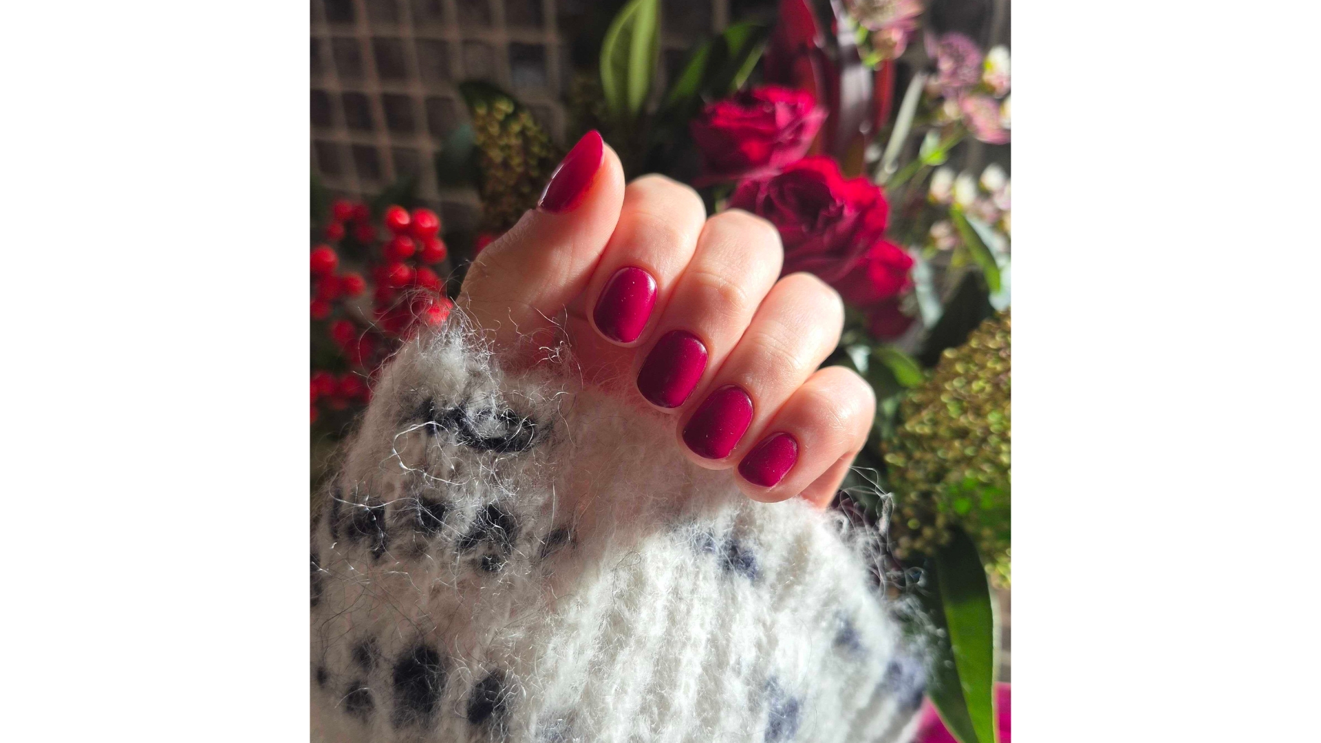 A close-up of Digital Beauty Writer, Naomi Jamieson's hand, which feature a dark, berry red manicure, in front of red and green flowers