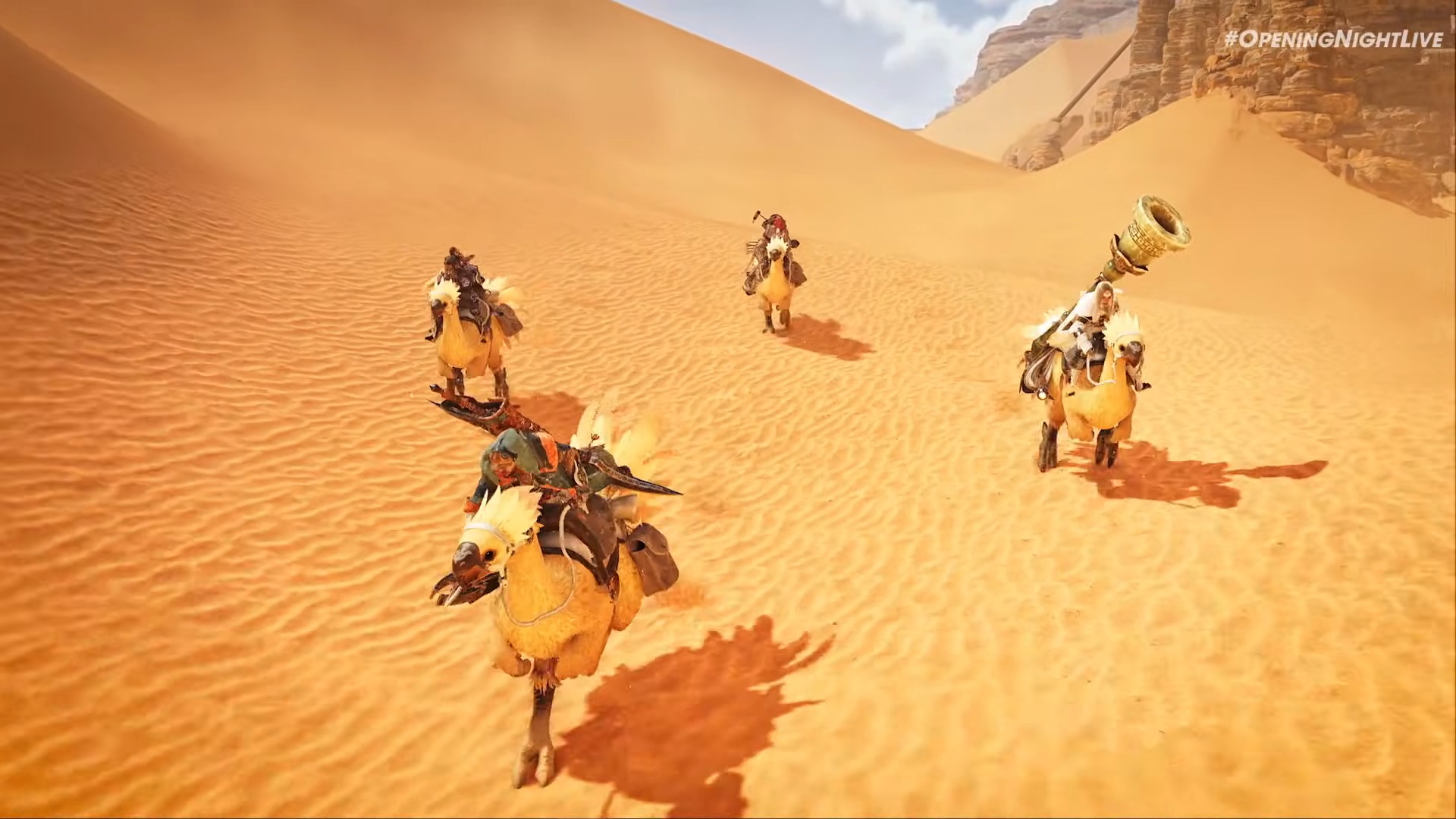 Promotional screenshot of players riding Chocobos in Monster Hunter Wilds