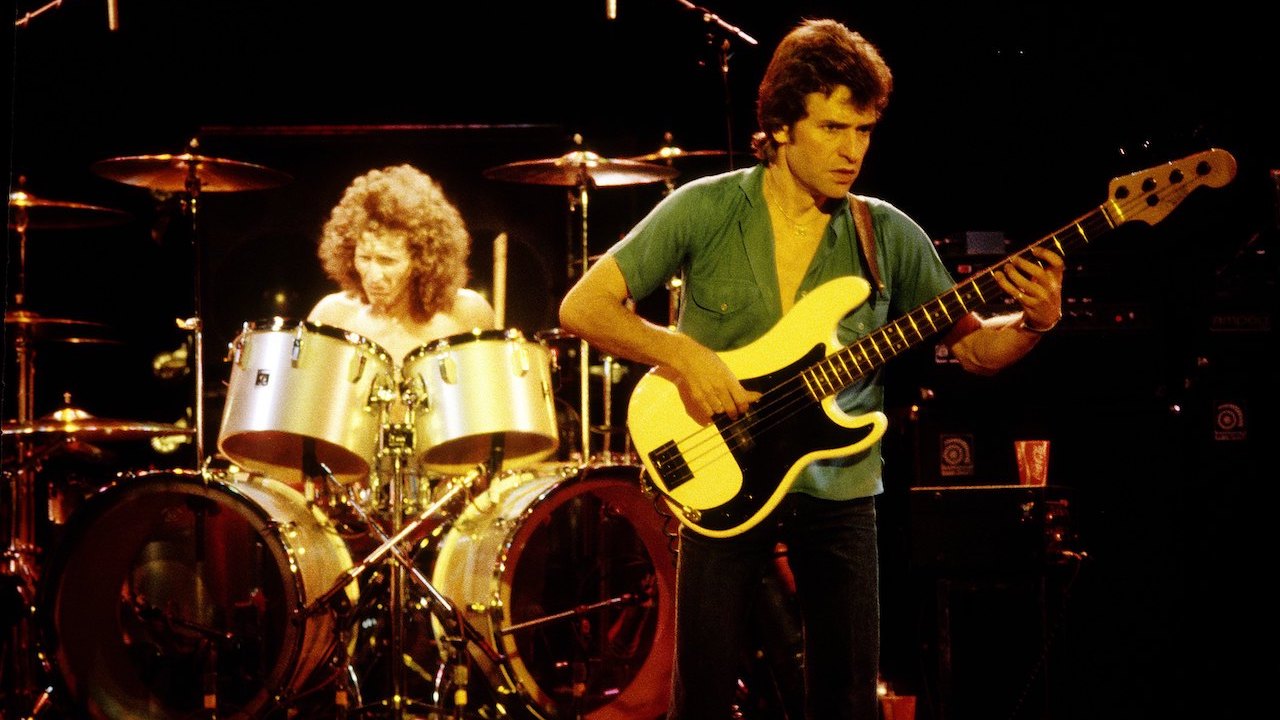 Tommy Aldridge and Peter Crowling performing as the 'Pat Travers Band' as Oakland Colisieum in Oakland, California on November 28, 1978.