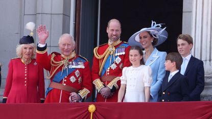 L-R: Queen Camilla, King Charles, Prince William, Princess Charlotte, Kate Middleton, Prince Louis and Prince George on the balcony of Buckingham Palace during Trooping the Colour 2026 