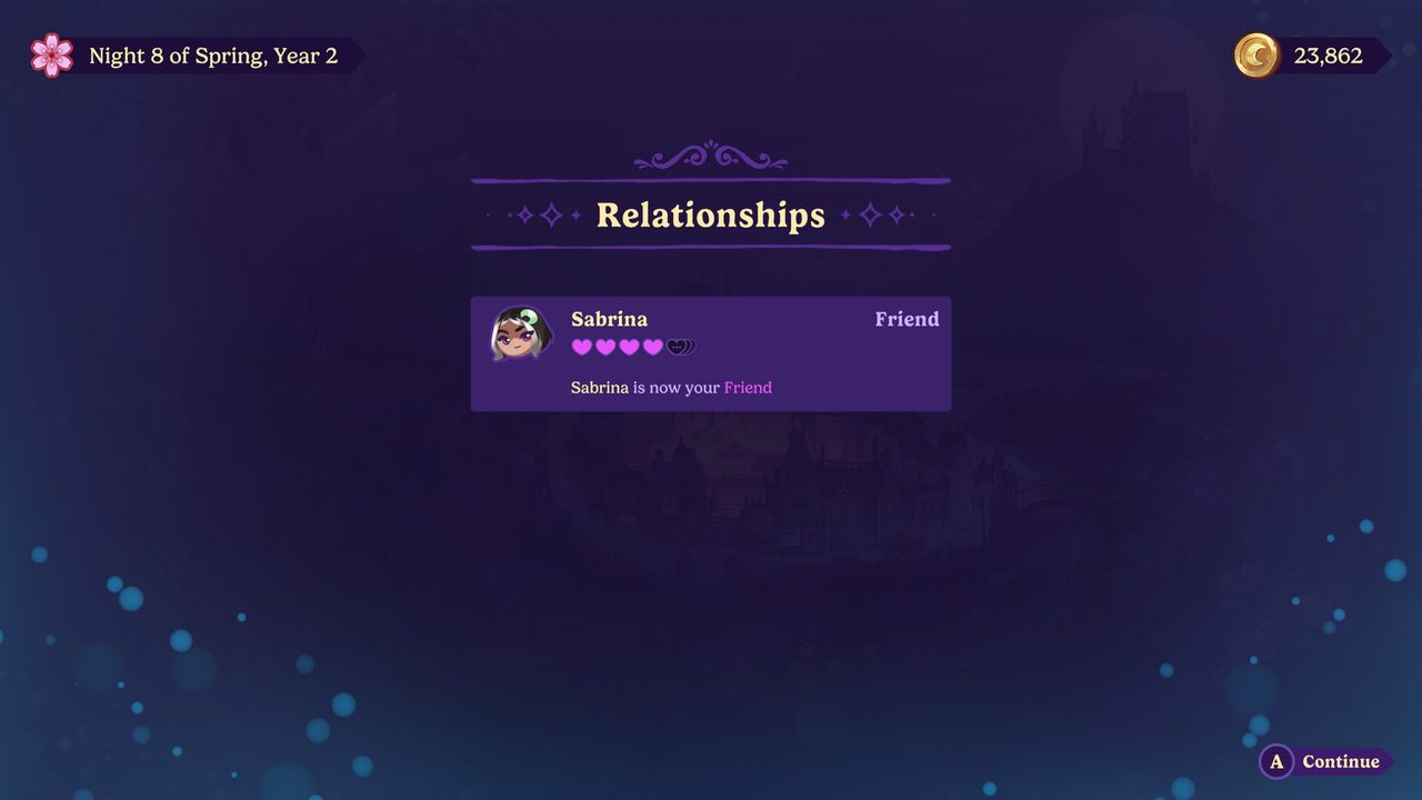 Moonlight Peaks - Relationship panel showing Sabrina is now only a friend.