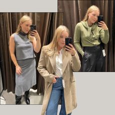 Woman wears grey top and skirt, woman wears green knit, woman wears camel coat