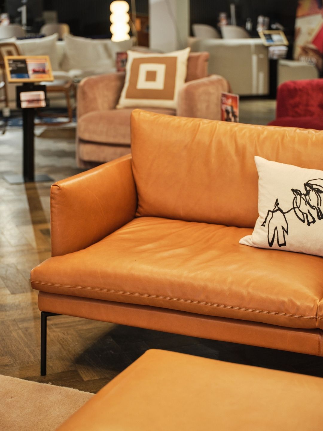 Front view of the Heal&rsquo;s Matera sofa, showing its thin arms and elevated slim legs, details that make it especially well suited to smaller spaces.