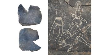 An ancient tablet carved with drawings of warriors. 