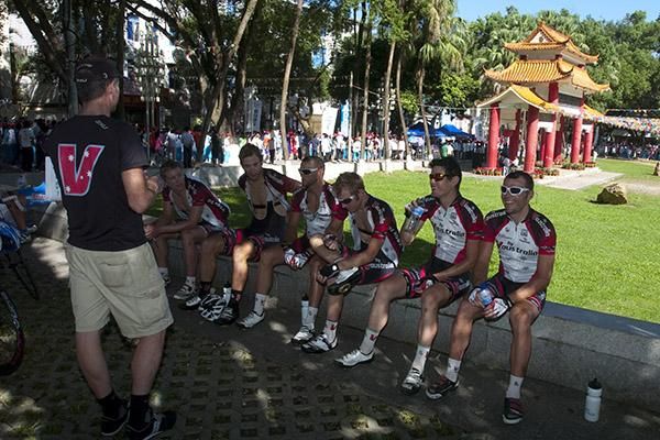 Fly V Australia team-manager here in Hainan, Ed Beamon from the USA, issues instructions to his riders prior to the start of stage three.