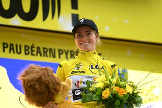 PAU FRANCE JULY 30 Demi Vollering of The Netherlands and Team SD Worx Protime celebrates at podium as Yellow leader jersey winner during the 2nd Tour de France Femmes 2023 Stage 8 a 226km individual time trial stage from Pau to Pau UCIWWT on July 30 2023 in Pau France Photo by Alex BroadwayGetty Images