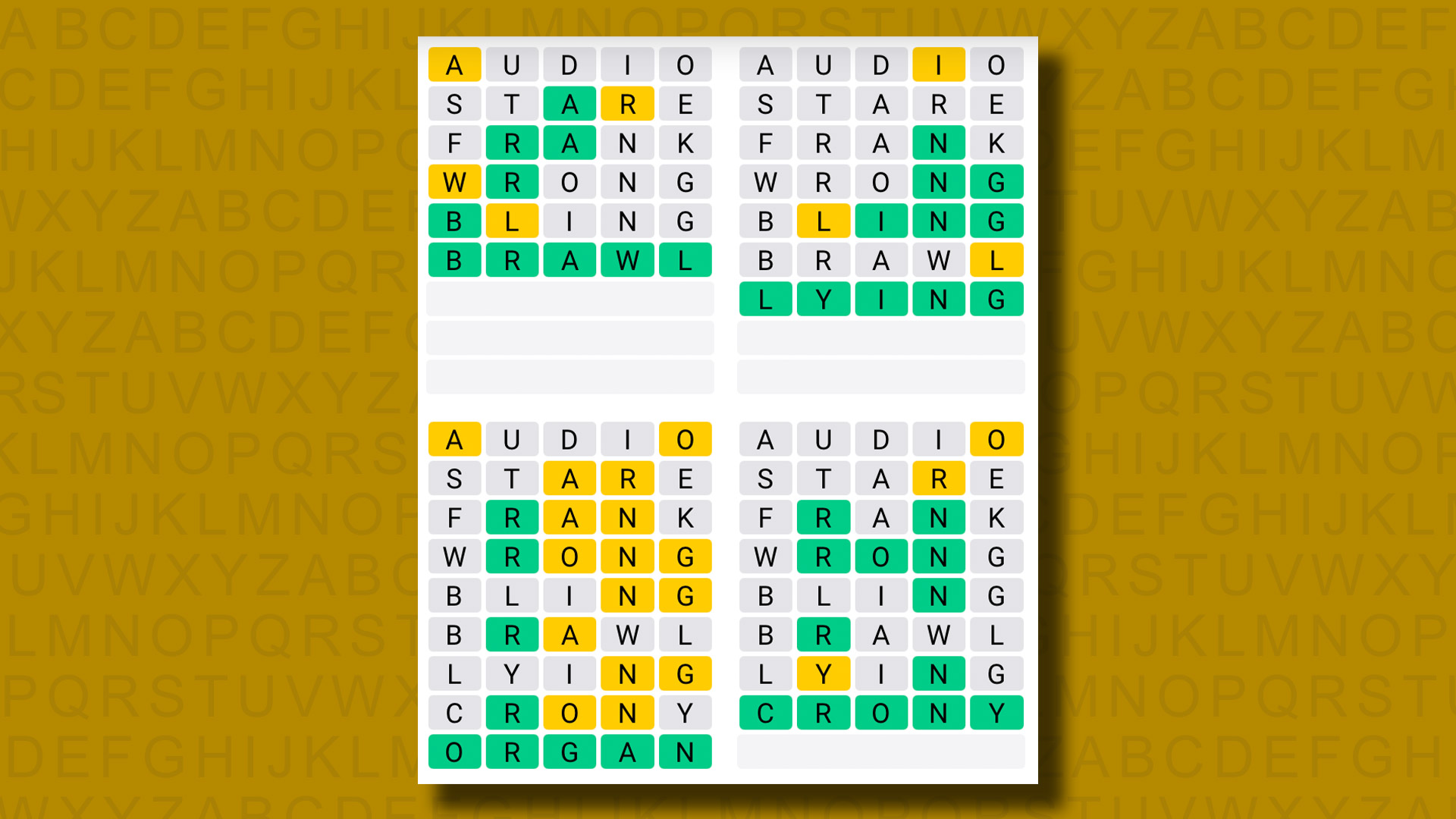 Quordle answers for game 1068 on a yellow background