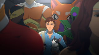 Aaron Paul's character Robert Robertson in Dispatch, stood holding a dog in an elevator filled with strange superheroes