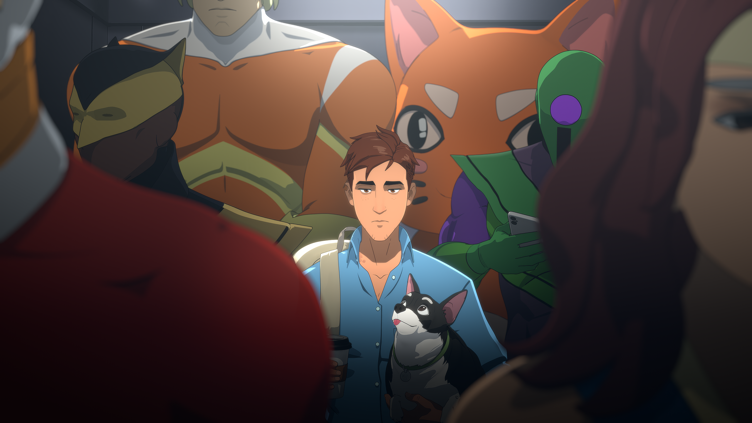 Aaron Paul&#039;s character Robert Robertson in Dispatch, stood holding a dog in an elevator filled with strange superheroes