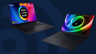Asus ProArt P16 and Razer Blade 16 on a blue TechRadar branded background
