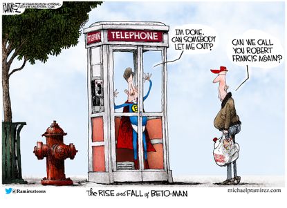 Political Cartoon U.S. The Beto-Man Stuck In Telephone Booth