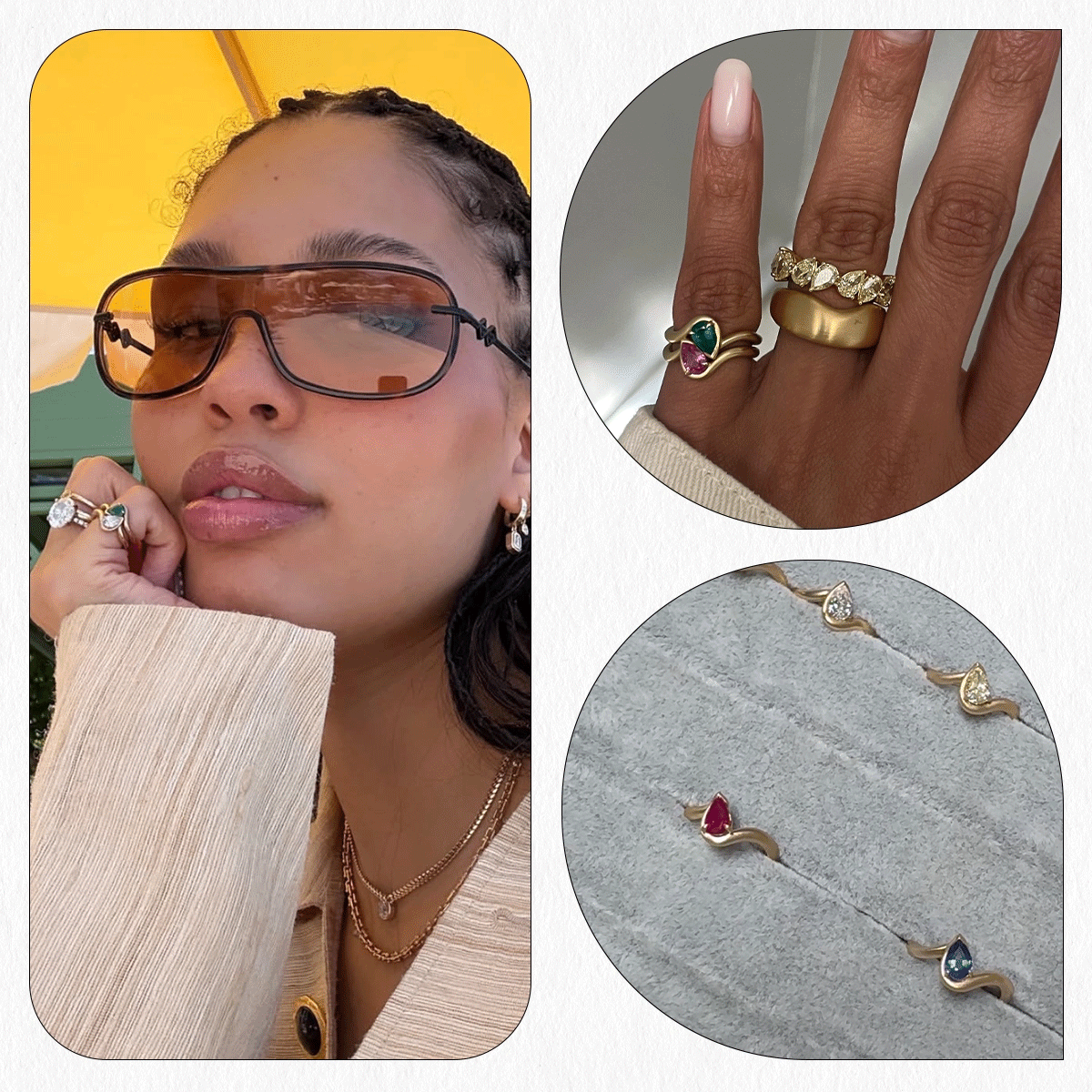 A collage of women wearing aaryah's BB thelma pinky ring.