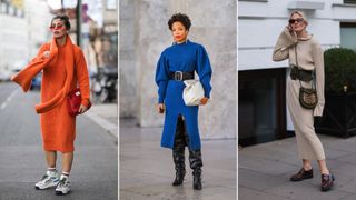 A composite of street style influencers showing autumn outfit ideas - a jumper dress