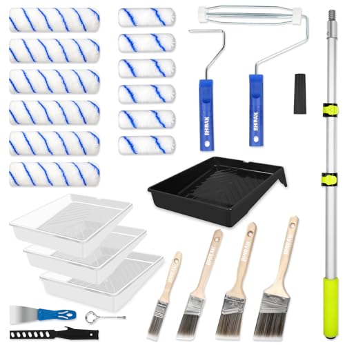 Rhibak Paint Roller Kit With Extension Pole, 27 Piece Set, 2 to 4 Ft Pole, 4"9" Paint Rollers, Paint Brushes Set for Professional Painting,house Paint Roller for All Latex and Oil Paints & Stains