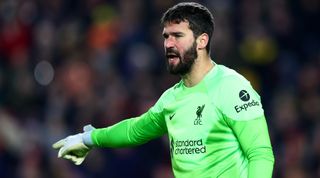 Alisson of Liverpool gestures during the Premier League match between Brentford and Liverpool at the Gtech Community Stadium in London, United Kingdom on 2 January, 2023.
