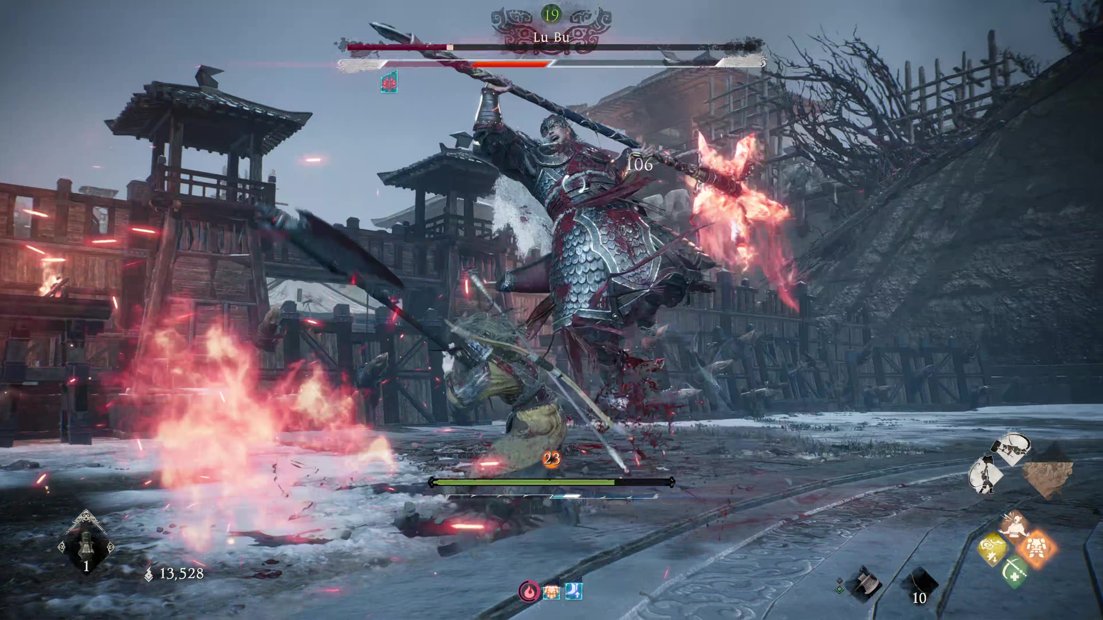 Скриншот из игры Wo Long: Fallen Dynasty, на котором игрок собирается отразить критический удар Лу Бу.
