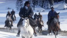 Dutch and the rest of the Van Der Linde gang ride out across a snowy field