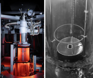 On the left is a metal device with red tones toward the bottom and on the right is a black and white view a pool of liquid in a cylindrical case.