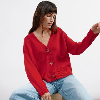 Red Relaxed V Neck Cardigan