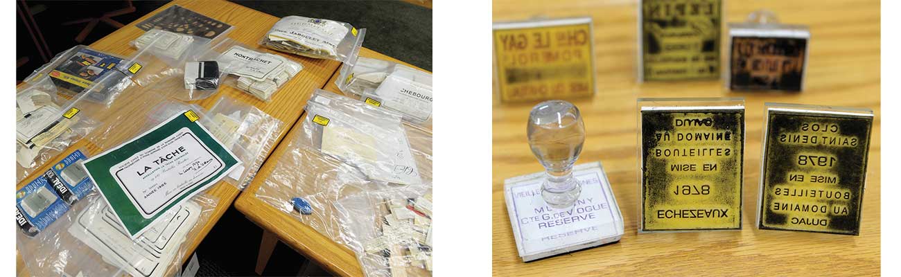 Left: wine labels and other items used as evidence duringKurniawan&amp;rsquo;s trial. Right: ink stamps that were used to mark corks.