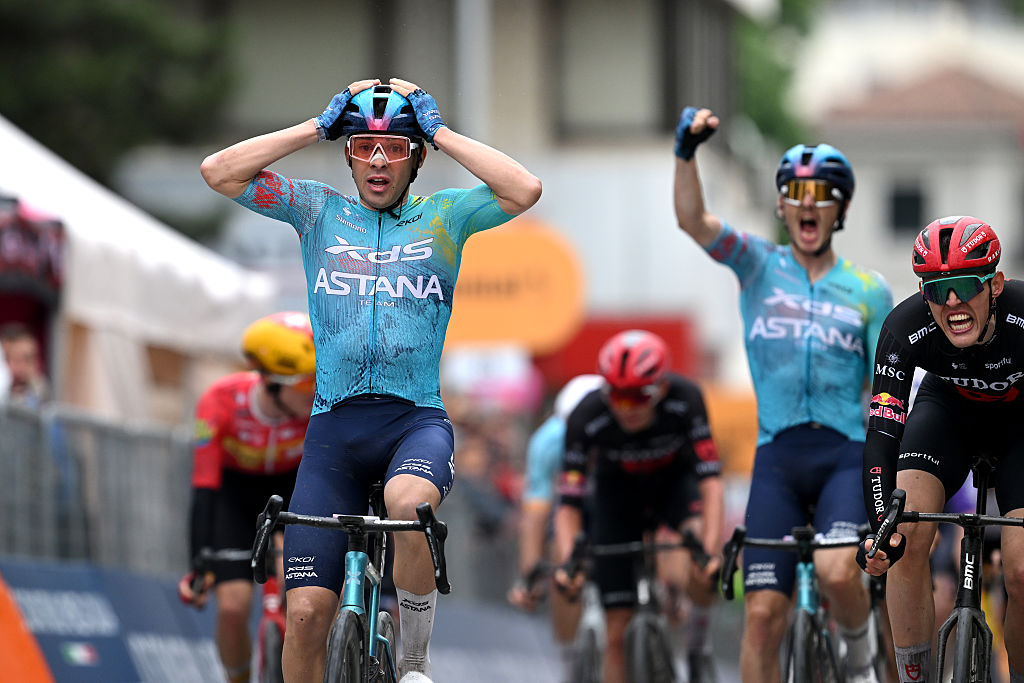 VELIKO TARNOVO, BULGARIA - MAY 09: Guillermo Thomas Silva of Uruguay and Team XDS Astana celebrates at finish line as stage winner during the 109th Giro d&amp;apos;Italia 2026, Stage 2 a 221km stage from Burgas to Veliko Tarnovo / #UCIWT / on May 09, 2026 in Veliko Tarnovo, Bulgaria. (Photo by Dario Belingheri/Getty Images)