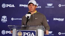 Rory McIlroy talks to the media before the 2023 PGA Championship at Oak Hill Country Club