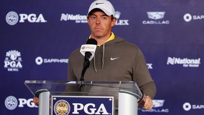 Rory McIlroy talks to the media before the 2023 PGA Championship at Oak Hill Country Club