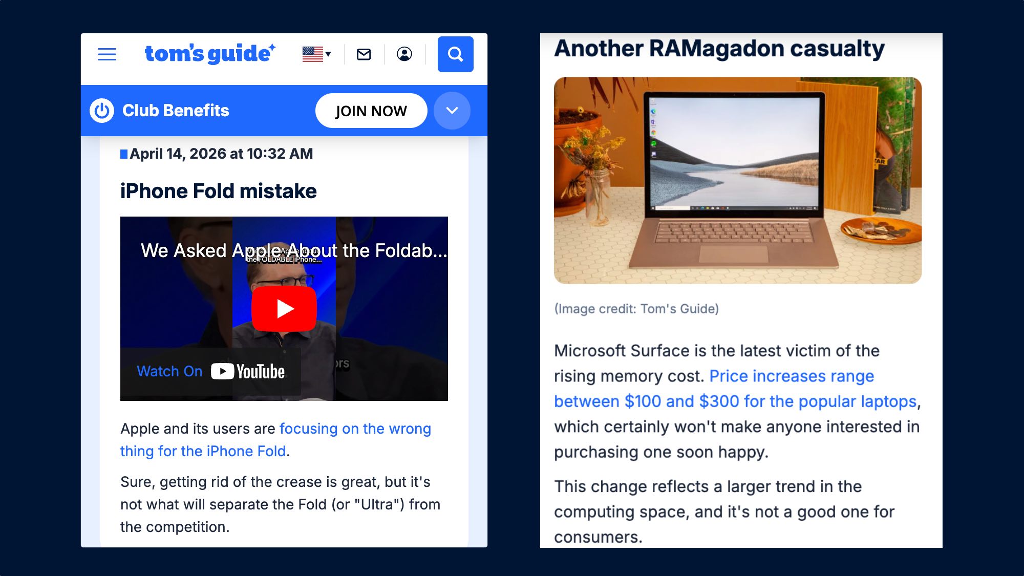 Tom's Guide live updates on homepage