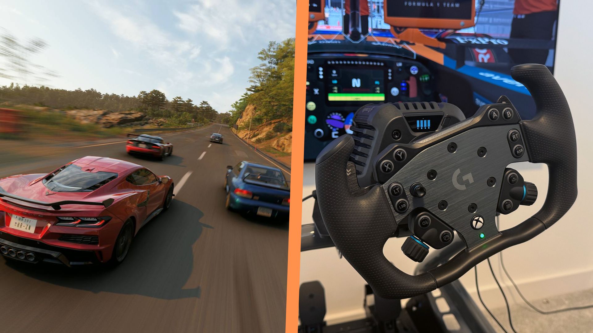 A side by side of a Forza Horizon 6 image with a review photo of the Logitech G RS50