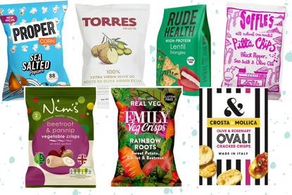 Cut-outs of Proper, Torres, Rude Health and other brands of the healthiest crisps on a blue speckled background