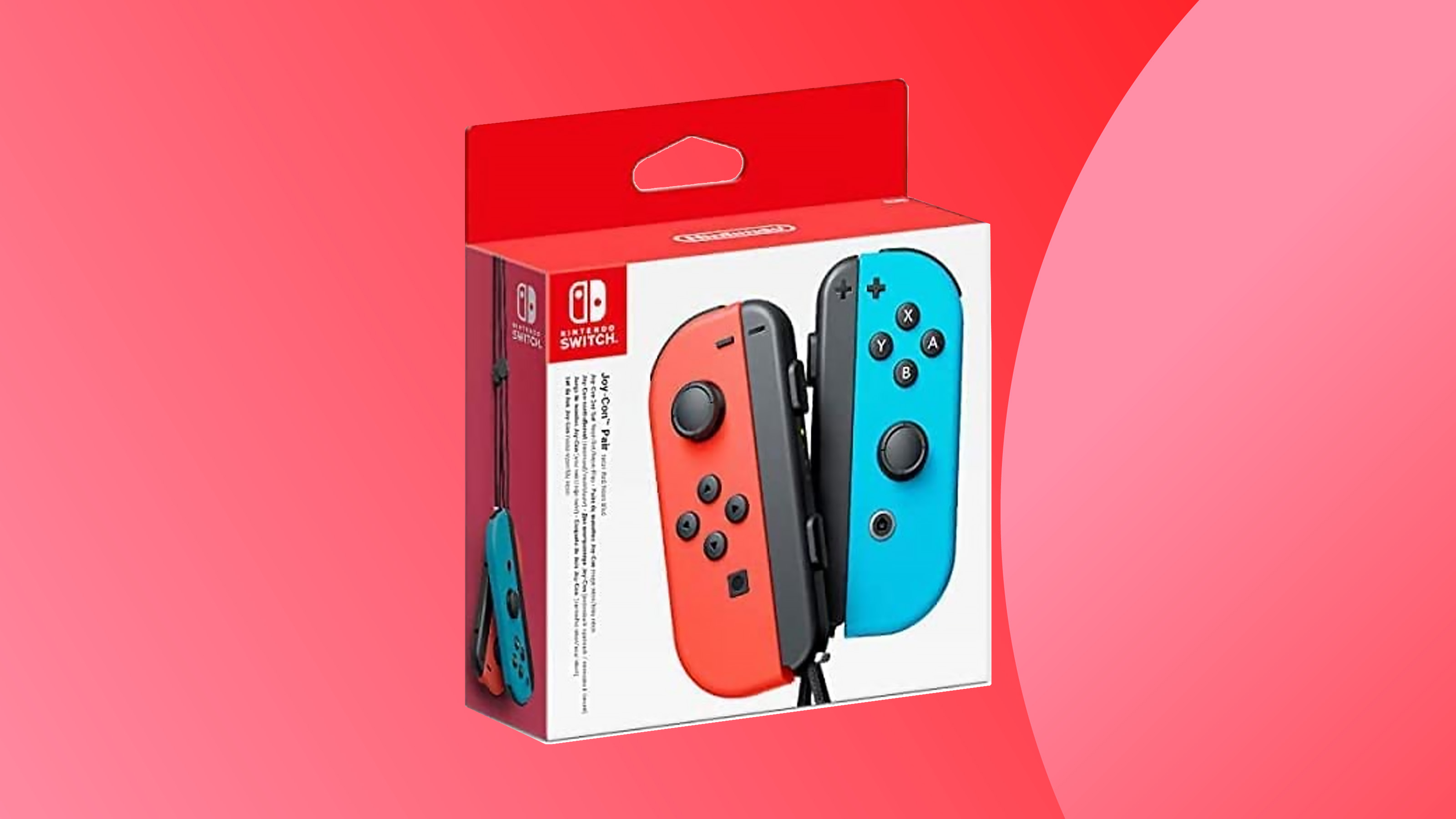 Product shot of the neon Joy-Con pair on a colourful background