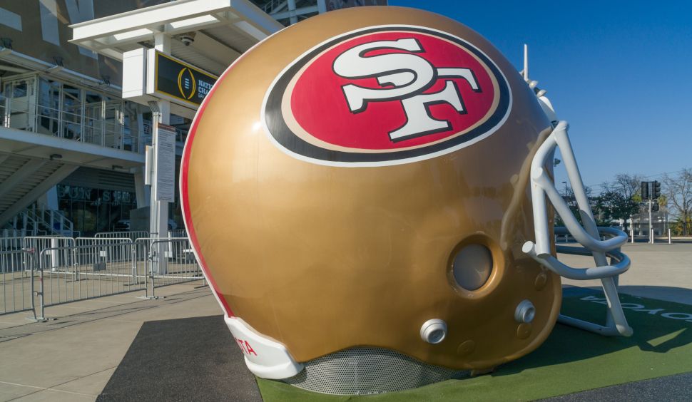 San Francisco 49ers life size helmet outside Levi&#039;s Stadium