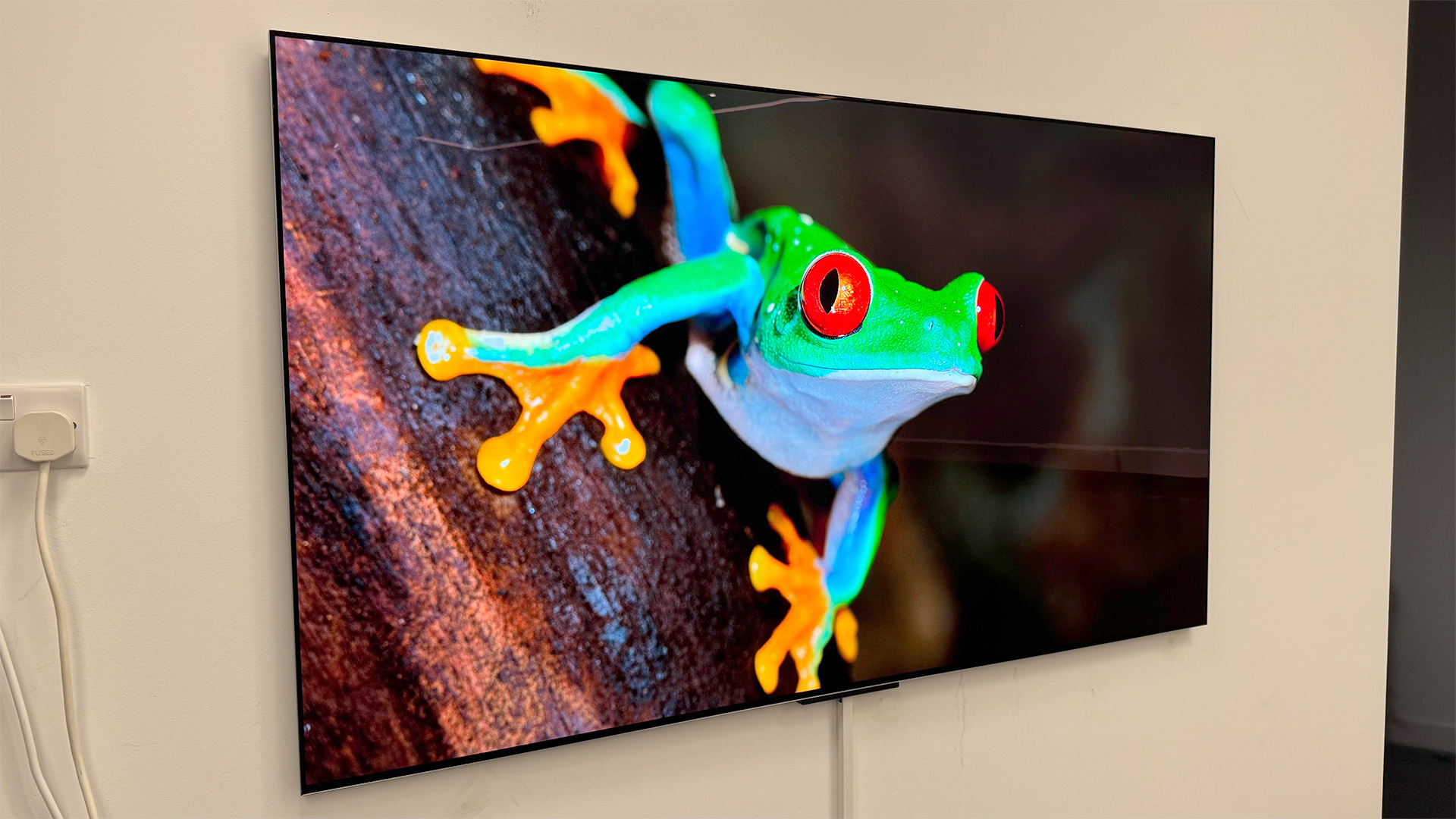 The 65-inch LG M5 OLED TV pictured mounted to a grey wall.