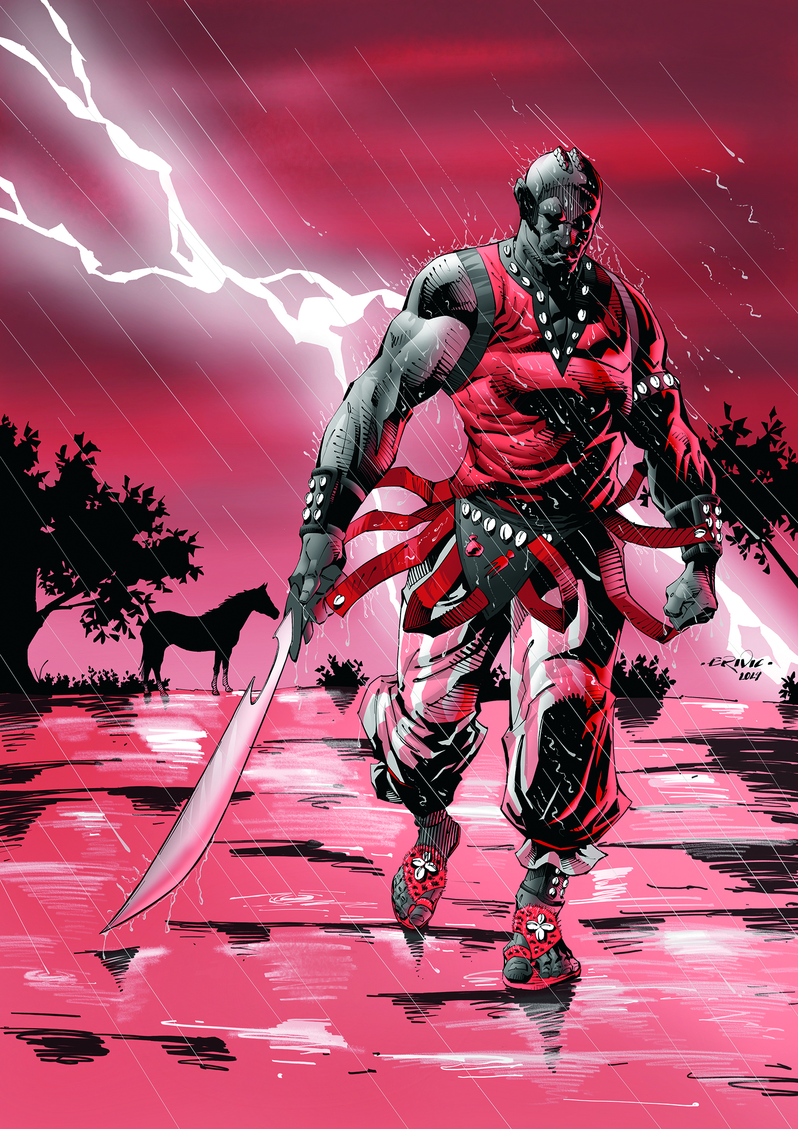 African comics; a man with a sword walks in a thunderstorm