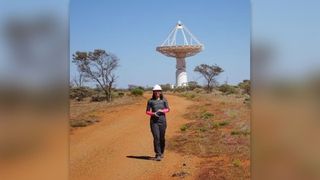 Bärbel Koribalski's first visit to the ASKAP site in Western Australia. One of ASKAP's 36 dishes dotted over a 6-km diameter area is seen in the background.