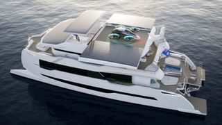 Silent Yachts SILENT 120 catamaran on the sea with VRCO Xcraft Xp4 eVTOL on the top deck