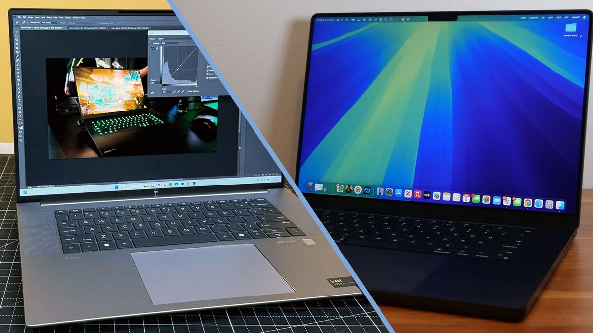 Split image of the HP ZBook Studio 16 G11 and Apple MacBook Pro 16 (M4 Pro, 2024) side by side.